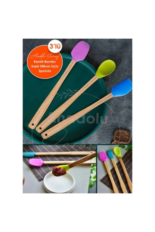 Silikon Uçlu Isıya Dayanıklı Bambu Spatula 3'lü Set